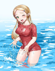 Rule 34 | 1girl, blonde hair, blush, braid, breasts, collarbone, cowboy shot, french braid, green eyes, hair ornament, hairclip, highres, long hair, looking at viewer, medium breasts, nintendo, nintendo switch, no pants, one eye closed, open mouth, pointy ears, princess zelda, red shirt, shirt, short sleeves, sidelocks, smile, solo, splashing, the legend of zelda, the legend of zelda: breath of the wild, wading, wasabi (legemd), water, wet, wet clothes, wet shirt, wink