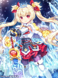 Rule 34 | 1girl, armor, black pantyhose, blonde hair, blush, capura lin, crown, detached sleeves, highres, holding, holding sword, holding weapon, long hair, looking at viewer, original, pantyhose, red eyes, smile, solo, sword, twintails, weapon