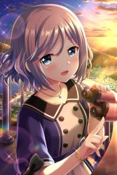 Rule 34 | 1girl, absurdres, alternative girls, binoculars, black bow, blue eyes, bow, city, dress, grey hair, heart, heart necklace, highres, holding, holding binoculars, jewelry, looking at viewer, medium hair, necklace, official art, open mouth, orimiya yui, outdoors, smile, solo, sunset