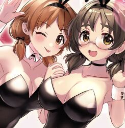 Rule 34 | 2girls, animal ears, asano fuka, bare shoulders, black choker, black hair, black hairband, black leotard, blush, breasts, brown eyes, brown hair, choker, cleavage, collarbone, commentary request, detached collar, dot nose, fake animal ears, glasses, hairband, hands up, highres, holding hands, idolmaster, idolmaster cinderella girls, interlocked fingers, katagiri sanae, large breasts, leotard, looking at viewer, low twintails, multiple girls, one eye closed, open mouth, rabbit ears, round eyewear, short hair, sidelocks, simple background, smile, tongue, tongue out, twintails, waving, wrist cuffs, yuzuhota0313