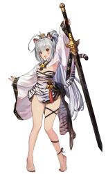 Rule 34 | 1girl, animal ear fluff, animal ears, animal print, antenna hair, asymmetrical legwear, bare legs, barefoot, breasts, brown dust 2, dress, full body, hair between eyes, holding, holding sword, holding weapon, long hair, looking at viewer, nail polish, official art, open mouth, ponytail, red eyes, scabbard, second-party source, sheath, sheathed, shiny skin, shrug (clothing), simple background, sleeveless, sleeveless dress, small breasts, smile, solo, strapless, strapless dress, sword, tail, tiger ears, tiger print, tiger tail, tiptoes, toes, very long hair, weapon, white background, white hair, wide sleeves, yuri (brown dust)