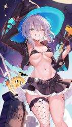 Rule 34 | 1girl, ;d, absurdres, azur lane, black bra, black gloves, black jacket, black skirt, blue eyes, blush, bra, breasts, cropped jacket, earrings, frilled skirt, frills, full moon, gloves, grin, hair between eyes, hands up, happy, hat, highres, hip focus, jacket, jade (a good girl&#039;s magic) (azur lane), jade (azur lane), jewelry, manjuu (azur lane), medium breasts, medium hair, midriff, miniskirt, moon, navel, night, night sky, one eye closed, open clothes, open jacket, open mouth, pannko6216, pleated skirt, single fishnet legwear, skirt, sky, smile, solo, stomach, thighs, underboob, underwear, white hair, witch, witch hat