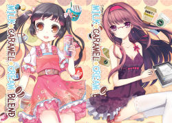 Rule 34 | 2girls, animal ears, bad id, bad pixiv id, bare shoulders, belt, black hair, blush, bow, breasts, brown eyes, brown hair, caramel, cleavage, coffee, collaboration, collarbone, cookie, cover, cup, cupcake, drawing tablet, dress, drink, earrings, english text, food, glasses, hair bow, hairband, heart, jewelry, jin young-in, juke, light smile, long hair, medium breasts, milk, multiple girls, open mouth, original, purple eyes, rabbit ears, saucer, short sleeves, sleeveless, small breasts, stylus, tablet pc, thighhighs, twintails, white legwear, zettai ryouiki