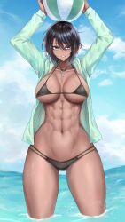 Rule 34 | 1girl, abs, absurdres, arms up, ball, beachball, bikini, black bikini, black hair, blue eyes, blue sky, breasts, cloud, cloudy sky, collarbone, dark-skinned female, dark skin, hair between eyes, highres, holding, holding ball, holding beachball, jewelry, large breasts, looking at viewer, navel, necklace, original, outdoors, parted lips, pendant, short hair, sky, smile, solo, stomach, swimsuit, thick thighs, thighs, toned female, wading, water, wet, yakan (mihag3000)