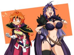 Rule 34 | 2girls, absurdres, bikini, breast envy, breasts, closed mouth, flowers-imh, gloves, hand on own hip, highres, large breasts, lina inverse, multiple girls, naga the serpent, navel, open mouth, orange hair, purple bikini, purple gloves, purple hair, red eyes, scowl, slayers, swimsuit, teeth, thighs, white gloves