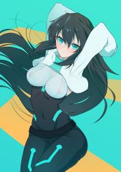 Rule 34 | 1girl, absurdres, aqua background, arms behind head, arms up, belt, black bodysuit, black hair, blush, bodysuit, breasts, cameltoe, commentary, covered navel, green eyes, gundam, gundam build divers, gundam build divers re:rise, hair between eyes, highres, impossible bodysuit, impossible clothes, line3reak, long hair, long sleeves, looking at viewer, may (gundam build divers re:rise), medium breasts, see-through, solo, yellow background
