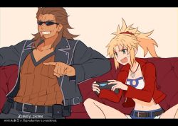Rule 34 | 1boy, 1girl, bare legs, belt, black belt, blonde hair, braid, brown belt, brown hair, collarbone, couch, facial hair, fang, fate/apocrypha, fate (series), goatee, green eyes, high ponytail, jacket, letterboxed, long hair, long sleeves, meiji ken, mordred (fate), mordred (memories at trifas) (fate), navel, open mouth, parted bangs, pointing, ponytail, red jacket, red scrunchie, scrunchie, shishigou kairi, shorts, sitting, smile, sunglasses, v-shaped eyebrows