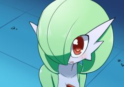 Rule 34 | 1girl, blue background, blush, bob cut, breasts, collarbone, colored skin, creatures (company), eyes visible through hair, female focus, game freak, gardevoir, gen 3 pokemon, green hair, green skin, hair over one eye, indoors, looking up, meme, multicolored skin, neichii, nintendo, one eye covered, open mouth, pokemon, pokemon (creature), red eyes, sailor moon redraw challenge (meme), short hair, sideways mouth, small breasts, solo, sweat, tile floor, tiles, two-tone skin, upper body, white skin
