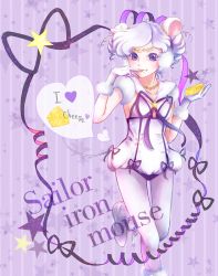 Rule 34 | 1990s (style), 1girl, bishoujo senshi sailor moon, bishoujo senshi sailor moon sailor stars, blush, boots, brooch, character name, cheese, english text, food, food on face, gloves, hair bun, jewelry, licking, looking at viewer, magical girl, pantyhose, purple background, purple eyes, retro artstyle, ribbon, sailor collar, sailor iron mouse, short hair, single hair bun, solo, standing, standing on one leg, star (symbol), star brooch, tongue, torao (torakmn), white hair, white pantyhose, white sailor collar