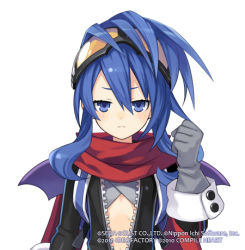 Rule 34 | 10s, 1girl, bat wings, biker clothes, bikesuit, blue eyes, blue hair, bodysuit, choujigen game neptune, face, female focus, flat chest, gloves, goggles, goggles on head, long hair, lowres, matching hair/eyes, neptune (series), nippon ichi (neptunia), official art, red scarf, scarf, simple background, solo, tsunako, unzipped, wings, zipper