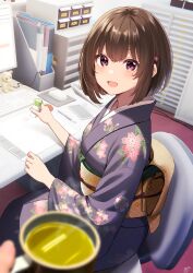 Rule 34 | 1girl, 1other, :d, absurdres, blue kimono, blurry, brown eyes, brown hair, carpet, chair, commentary request, cup, depth of field, desk, floral print kimono, folder, highres, holding, holding cup, indoors, japanese clothes, kimono, looking at viewer, mole, mole under eye, monitor, mouse (computer), obi, open mouth, original, sash, short hair, signature, siokazunoko, sitting, smile, teacup
