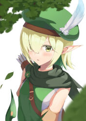 Rule 34 | 1girl, absurdres, aoi (princess connect!), asymmetrical bangs, beret, blonde hair, bow, branch, colored inner hair, commentary, detached sleeves, elf, green eyes, green hat, green scarf, green shirt, grey hair, hair over one eye, hat, hat feather, highres, light green hair, long bangs, looking at viewer, multicolored hair, nazca (yhan mie), pointy ears, princess connect!, quiver, scarf, shirt, short hair, sleeveless, sleeveless shirt, solo, two-tone shirt, upper body, white shirt