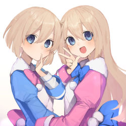 Rule 34 | 2girls, absurdres, blue bow, blue dress, blue eyes, blue neckwear, blush, bow, bowtie, brown hair, buran buta, dress, hair between eyes, hand up, happy, hat, highres, long hair, looking at viewer, medium hair, multiple girls, neptune (series), open mouth, pink bow, pink dress, pink neckwear, ram (neptunia), rom (neptunia), siblings, simple background, sisters, smile, twins, v, very long hair, white background