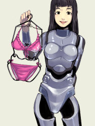 Rule 34 | 1girl, android, animification, arm behind back, black eyes, black hair, bra, brown background, hrp-4c, joints, lingerie, long hair, mole, panties, real life, robot, robot joints, sakamoto kengo, simple background, smile, solo, underwear
