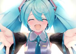 Rule 34 | 1girl, :d, black sleeves, blue hair, blue necktie, blush, closed eyes, collared shirt, detached sleeves, dot nose, facing viewer, frilled shirt, frills, grey shirt, hatsune miku, long hair, long sleeves, necktie, open hands, open mouth, outstretched arms, portrait, reaching, reaching towards viewer, shirt, simple background, sleeveless, sleeveless shirt, smile, solo, takepon1123, twintails, vocaloid, white background