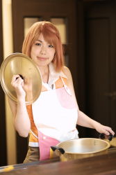 Rule 34 | 1girl, apron, artist request, asian, cosplay, cowboy shot, dyed hair, facing viewer, highres, indoors, looking at viewer, model request, my-hime, orange hair, photo (medium), pot, pot lid, school uniform, solo, standing, tokiha mai, tokiha mai (cosplay)