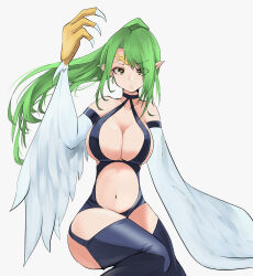 Rule 34 | 1girl, absurdres, bare shoulders, blush, breasts, circlet, claws, cleavage, commentary request, duel monster, eyes visible through hair, feathered wings, feathers, green hair, hair over one eye, harpie queen, harpy, highres, large breasts, long hair, looking at viewer, monster girl, navel, pointy ears, ponytail, revealing clothes, simple background, solo, thighhighs, tiara, white background, white feathers, white wings, winged arms, wings, yagoro kusuriya, yellow eyes, yu-gi-oh!