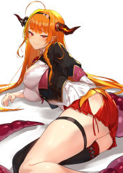 Rule 34 | 1girl, ahoge, braid, breasts, dragon horns, dragon tail, hairband, highres, hololive, horns, kakage, kiryu coco, kiryu coco (1st costume), large breasts, long hair, orange hair, pleated skirt, pointy ears, red eyes, side slit, single thighhigh, skirt, smile, tail, thigh strap, thighhighs, virtual youtuber, white background