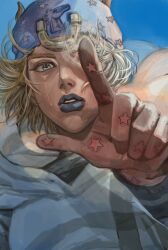 Rule 34 | 1boy, blonde hair, blue lips, commentary request, expressionless, fake horns, hand up, hat, highres, hood, hoodie, horned headwear, horns, horseshoe ornament, index finger raised, johnny joestar, jojo no kimyou na bouken, looking at viewer, male focus, one eye covered, parted lips, perspective, short hair, snr snr, star (symbol), steel ball run, tears, teeth, upper body