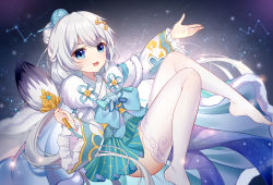 Rule 34 | 1girl, chinese clothes, full body, gou lianlian dogface, hair between eyes, hair ornament, hand fan, happy, highres, holding, honkai (series), honkai impact 3rd, long hair, looking at viewer, night, night sky, open mouth, sky, solo, star (sky), theresa apocalypse, zhuge kongming (honkai impact), thighhighs, v-shaped eyebrows, white thighhighs, zhuge kongming (honkai impact)