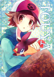 Rule 34 | 1boy, :o, baseball cap, black shirt, blue jacket, blush, brown eyes, brown hair, brown pants, character name, cocoloco, commentary request, creatures (company), game freak, gen 5 pokemon, hat, hilbert (pokemon), holding, holding pokemon, jacket, looking at viewer, nintendo, pants, poke ball print, pokemon, pokemon (creature), pokemon bw, popped collar, shirt, spiked hair, tepig