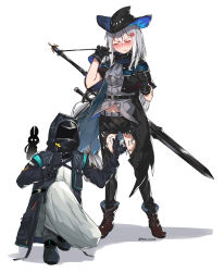 Rule 34 | 1other, 2girls, amiya (arknights), anger vein, animal ears, arknights, ascot, belt, black gloves, black headwear, black jacket, black pants, blush, boots, capelet, closed eyes, clothing cutout, doctor (arknights), full body, gloves, grey hair, grey shirt, hat, highres, holding, holding sword, holding weapon, hood, hooded jacket, jacket, kneeling, long hair, low-tied long hair, midriff peek, multiple girls, navel, on one knee, open clothes, open jacket, pants, pocket, shirt, silhouette, skadi (arknights), slapping, sound effects, sword, thigh cutout, thumbs up, tsukino (nakajimaseiki), twitter username, very long hair, weapon, white background, white hair