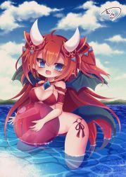 Rule 34 | 1girl, :d, ball, bare shoulders, beachball, bikini, black wings, blue eyes, blue sky, blush, breasts, cleavage, cloud, commentary request, day, dragon girl, dragon horns, dragon tail, dragon wings, earrings, fang, hair between eyes, hair ornament, head tilt, highres, holding, holding ball, horns, jewelry, kneeling, lake, large breasts, long hair, looking at viewer, mountain, muuran, navel, o-ring, o-ring bikini, o-ring bottom, open mouth, outdoors, pointy ears, red bikini, red hair, shallow water, shironeko project, signature, sky, smile, solo, swimsuit, tail, teardrop earring, tetra (shironeko project), transparent, two side up, very long hair, water, wings