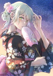 Rule 34 | 1girl, arm up, black kimono, byleth (female) (fire emblem), byleth (fire emblem), cherry blossom print, cherry blossoms, commentary request, crests (fire emblem), dusk, enlightened byleth (female), fire emblem, fire emblem: three houses, fireworks, floral print, floral print kimono, flower, green eyes, green hair, hair bun, hair flower, hair ornament, hair up, hand fan, hand in own hair, highres, holding, holding fan, japanese clothes, kazu20200224, kimono, light blush, long sleeves, looking at viewer, medium hair, nintendo, obi, outdoors, paper fan, parted lips, pink flower, pink sash, sash, sky, solo, uchiwa, upper body, wide sleeves, yukata