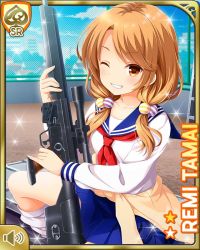 Rule 34 | 1girl, blue skirt, brown eyes, brown hair, card (medium), closed mouth, day, girlfriend (kari), gun, looking at viewer, low twintails, official art, one eye closed, outdoors, pleated skirt, qp:flapper, red neckwear, rifle, sailor uniform, school, school uniform, shirt, sitting, skirt, smile, sniper rifle, socks, solo, tagme, tamai remi, tied sweater, twintails, weapon, white shirt
