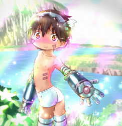 Rule 34 | 1boy, blush, brown eyes, brown hair, day, hair ornament, highres, little sound, made in abyss, male focus, mechanical arms, nipples, outdoors, outstretched hand, regu (made in abyss), robot, smile, solo, standing, twisted torso, water
