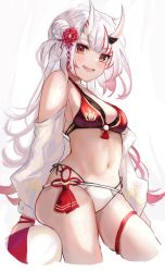Rule 34 | 1girl, :d, bare shoulders, bikini, blush, breasts, cleavage, cropped legs, detached sleeves, hair bun, highres, hololive, horns, long sleeves, looking at viewer, mismatched bikini, multicolored hair, nakiri ayame, open mouth, panipo, red bikini, red eyes, red hair, red ribbon, ribbon, side bun, silver hair, simple background, single hair bun, single side bun, skin-covered horns, small breasts, smile, solo, streaked hair, swimsuit, tassel, thigh strap, two-tone hair, virtual youtuber, white background, white bikini