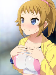 Rule 34 | 10s, 1girl, blonde hair, blue eyes, blush, breasts, gundam, gundam build fighters, gundam build fighters try, hands on own chest, hood, hoodie, hoshino fumina, large breasts, ponytail, solo, sports bra, sweatdrop, totokichi, two-tone sports bra, upper body