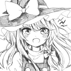Rule 34 | 1girl, :d, angry, blush, bow, braid, d:, graphite (medium), greyscale, hat, hat bow, kirisame marisa, long hair, looking at viewer, monochrome, open mouth, puffy short sleeves, puffy sleeves, short sleeves, side braid, single braid, sketch, smile, solo, tears, touhou, traditional media, trembling, turtleneck, v-shaped eyebrows, very long hair, vest, wavy hair, witch hat, yururi nano