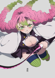 Rule 34 | 1girl, absurdres, braid, breasts, cleavage, closed mouth, demon slayer uniform, gradient hair, green eyes, green hair, green thighhighs, haori, highres, holding, holding sword, holding weapon, japanese clothes, kanroji mitsuri, kimetsu no yaiba, kiramoti, large breasts, long hair, looking at viewer, mole, mole under each eye, mole under eye, multicolored hair, multiple braids, multiple moles, partially unbuttoned, pink hair, ribbed legwear, ribbed thighhighs, smile, solo, sword, thighhighs, tri braids, weapon, whip sword