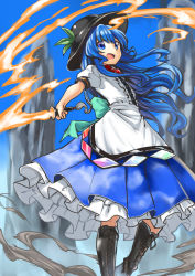 Rule 34 | 1girl, black footwear, black hat, blue eyes, blue hair, boots, cross-laced footwear, hat, highres, hinanawi tenshi, holding, holding sword, holding weapon, lace-up boots, leaf, long hair, looking at viewer, nobori ranzu, open mouth, short sleeves, sidelocks, solo, sword, sword of hisou, touhou, weapon