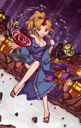 Rule 34 | 1girl, absurdres, alcohol, architecture, bare shoulders, blonde hair, blue kimono, blush, breasts, building, cleavage, collarbone, cup, dutch angle, east asian architecture, former capital, full body, geta, half updo, highres, holding, horns, hoshiguma yuugi, hoshiguma yuugi (kimono), japanese clothes, kimono, licking lips, long sleeves, looking at viewer, medium hair, neruzou, off shoulder, official alternate costume, oni horns, parted bangs, purple sash, red eyes, red horns, sakazuki, sake, sandals, sash, single horn, smile, solo, splashing, tokkuri, tongue, tongue out, touhou, unmoving pattern, wide sleeves
