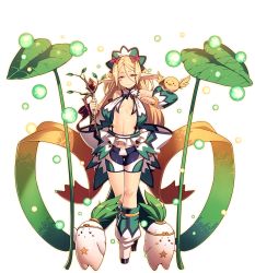 Rule 34 | 1girl, animal on arm, bike shorts, bird, bird on arm, blonde hair, blush stickers, boots, breasts, clenched hand, detached sleeves, full body, hair between eyes, holding, holding wand, long hair, looking at viewer, midriff, navel, official art, plant, pointy ears, pupuru (sennen sensou aigis), red eyes, revealing clothes, sennen sensou aigis, small breasts, smile, solo, standing, swept bangs, tasaka shinnosuke, transparent background, wand