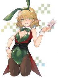 Rule 34 | 1girl, alternate costume, animal ears, black pantyhose, blonde hair, blush, bow, bowtie, breasts, card, commentary request, covered navel, cowboy shot, detached collar, eyes visible through hair, fake animal ears, green bow, green bowtie, green eyes, green hairband, green leotard, hair between eyes, hairband, hand on own hip, highres, holding, holding card, leotard, medium breasts, mizuhashi parsee, nail polish, open mouth, pantyhose, playboy bunny, playing card, pointy ears, rabbit ears, sakuratsuki, short hair, simple background, solo, standing, strapless, strapless leotard, teeth, touhou, upper teeth only, white background, wing collar, wrist cuffs