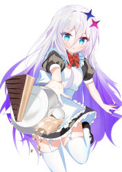 Rule 34 | 1girl, absurdres, alternate costume, aqua eyes, cake, ceta2127, enmaided, food, garter straps, highres, maid, open mouth, original, red ribbon, ribbon, solo, standing, standing on one leg, thighhighs, white background, white thighhighs, zettai ryouiki