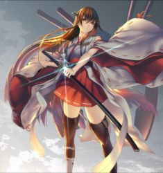Rule 34 | 1girl, bare shoulders, black footwear, black hair, boots, brown eyes, detached sleeves, feet out of frame, from below, hair ornament, hairclip, haruna (kancolle), headgear, holding, holding sword, holding weapon, kantai collection, katana, long hair, nontraditional miko, oki (koi0koi), sheath, solo, sword, thigh boots, thighhighs, unsheathing, weapon, wide sleeves