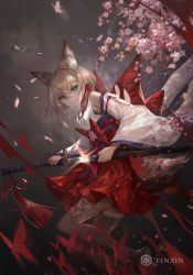 Rule 34 | 1girl, absurdres, animal ears, blonde hair, brown thighhighs, bug, butterfly, cherry blossoms, detached sleeves, fox ears, fox tail, grey background, high-waist skirt, highres, holding, holding sheath, holding sword, holding weapon, insect, japanese clothes, katana, kimono, long hair, long sleeves, looking at viewer, original, red skirt, samu (a117216), sheath, skirt, sleeveless, sleeveless kimono, solo, sword, tail, thighhighs, unsheathing, weapon, white kimono, white sleeves, wide sleeves