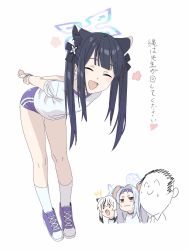 Rule 34 | 1boy, 3girls, animal ear fluff, animal ears, arms behind back, doodle sensei (blue archive), black hair, blue archive, blue buruma, blue footwear, buruma, closed eyes, full body, grey hair, gym uniform, halo, highres, kneehighs, kokona (blue archive), leaning forward, legs, long hair, mouse ears, multiple girls, open mouth, own hands together, red eyes, ribbon, saya (blue archive), sensei (blue archive), shirt, shoes, short sleeves, shun (blue archive), shun (small) (blue archive), simple background, smile, socks, thighs, tiger ears, tiger girl, translation request, twintails, ult one, white background, white hair, white shirt, white socks