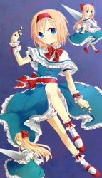 Rule 34 | 1girl, alice margatroid, blonde hair, bloomers, blue background, blue dress, blue eyes, bow, capelet, doll, dress, hair bow, hairband, highres, jewelry, lance, lolita hairband, long hair, looking at viewer, polearm, puppet rings, puppet strings, red footwear, ring, sash, shanghai doll, shoes, short hair, solo, touhou, tsuno no hito, underwear, weapon, wrist cuffs