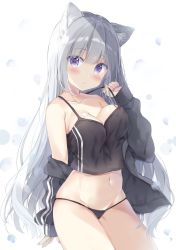 Rule 34 | 1girl, animal ear fluff, animal ears, bare shoulders, black jacket, black panties, black shirt, blush, breasts, cameltoe, camisole, cat ears, cleavage, collarbone, commentary request, cowboy shot, crop top, grey hair, groin, hand up, highres, jacket, long hair, long sleeves, looking at viewer, medium breasts, nail polish, navel, no pants, off shoulder, open clothes, open jacket, original, panties, parted lips, purple eyes, purple nails, saeki sora, shirt, skindentation, sleeveless, sleeveless shirt, solo, spaghetti strap, stomach, strap pull, thighs, underwear, very long hair, white background