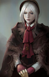 Rule 34 | 1girl, bloodborne, bonnet, cloak, doll joints, expressionless, gradient background, joints, lips, nose, pale skin, parted bangs, phamoz, plain doll, scarf, short hair, solo, white hair