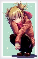 Rule 34 | 1girl, bags under eyes, black skirt, black thighhighs, blonde hair, blunt bangs, boku no hero academia, border, brown coat, brown footwear, cardigan, coat, commentary request, double bun, full body, green background, hair bun, hand up, loafers, long sleeves, looking at viewer, messy hair, open mouth, pink scarf, pleated skirt, scarf, shadow, shoes, sidelocks, skirt, slit pupils, solo, soraao0322, squatting, thighhighs, toga himiko, white border, yellow cardigan, yellow eyes