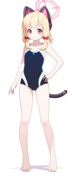 Rule 34 | 1girl, absurdres, animal ear headphones, animal ears, bad id, bad twitter id, barefoot, blonde hair, blue archive, blue one-piece swimsuit, bow, cat ear headphones, cat ears, cat tail, competition swimsuit, fake animal ears, fake tail, feet, hair bow, halo, hand on own hip, headphones, highres, legs, momoi (blue archive), one-piece swimsuit, pn (wnsl216), red eyes, ribbon, short hair, smile, solo, swimsuit, tail, thighs, toes