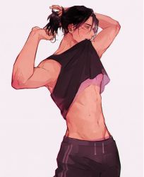Rule 34 | 1boy, abs, black hair, black tank top, boku no hero academia, clothes in mouth, eraser head (boku no hero academia), facial hair, facial scar, hair tie, highres, male focus, mouth hold, navel, nipples, pants, ponytail, scar, scar on cheek, scar on face, shirt in mouth, simple background, solo, stubble, sweatdrop, sweatpants, tank top, tian (den z z), toned, toned male, tying hair, white background