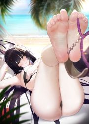 Rule 34 | 1girl, absurdres, animal ear fluff, animal ears, ass, azur lane, barefoot, bikini, black hair, breast hold, breasts, commission, feet, foot focus, foreshortening, fox ears, hair ornament, highres, huge breasts, looking at viewer, musashi (azur lane), skeb commission, soles, swimsuit, thighs, toes, ursica