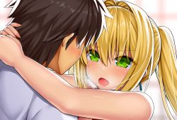 Rule 34 | 1boy, 1girl, arms around neck, asamura hiori, black hair, blonde hair, blush, eye contact, fang, fate/grand order, fate (series), fujimaru ritsuka (male), green eyes, hair between eyes, hair intakes, hetero, highres, looking at another, nero claudius (fate), nero claudius (fate) (all), nero claudius (swimsuit caster) (fate), open mouth, over shoulder, saliva, saliva trail, sidelocks, twintails